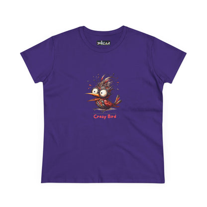 Purple funny bird shirt women with crazy cartoon bird design from Printify