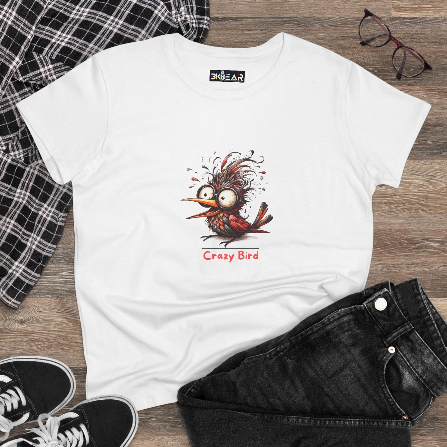 Printify white funny bird shirt women with cartoon crazy bird graphic and casual outfit