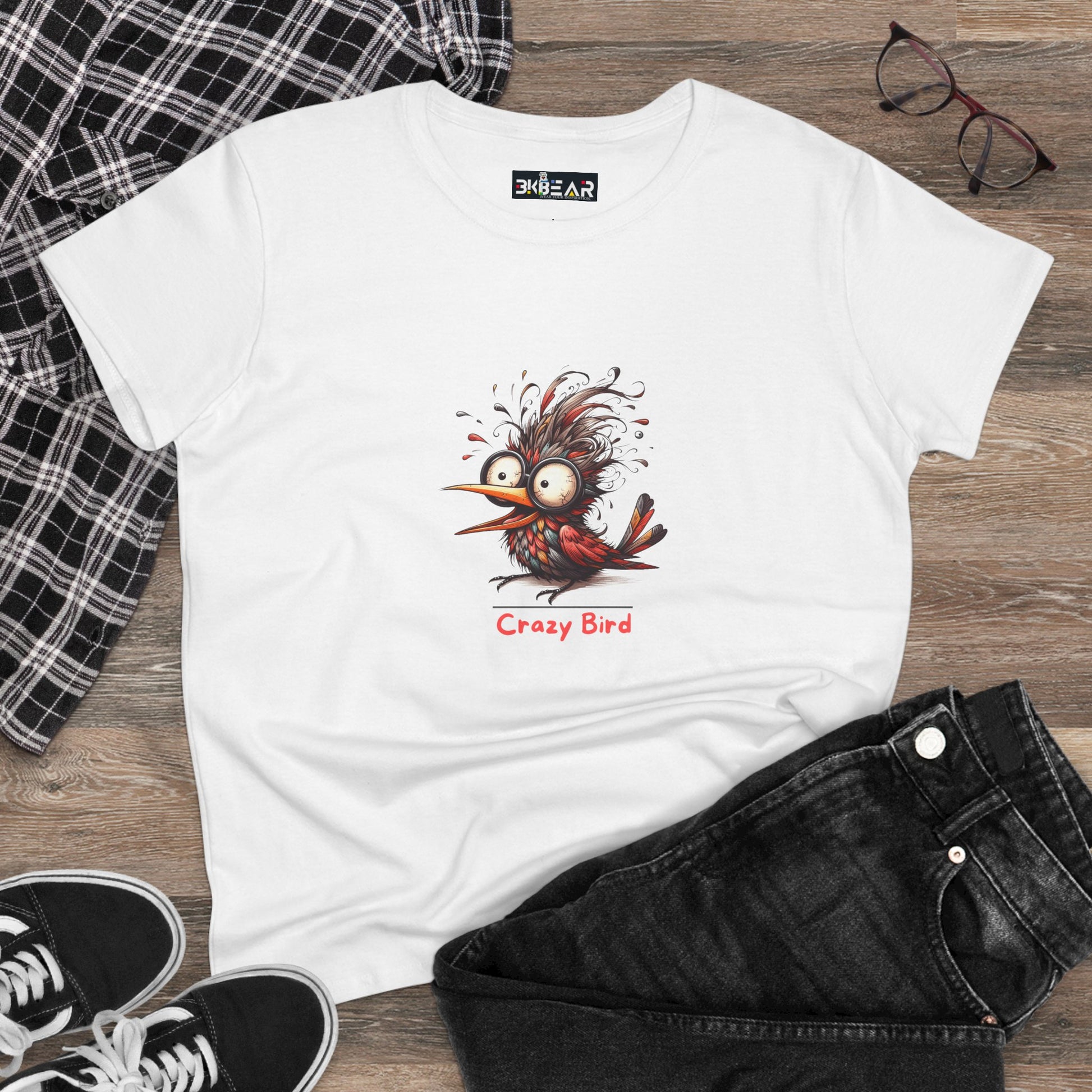 Printify white funny bird shirt women with cartoon crazy bird graphic and casual outfit