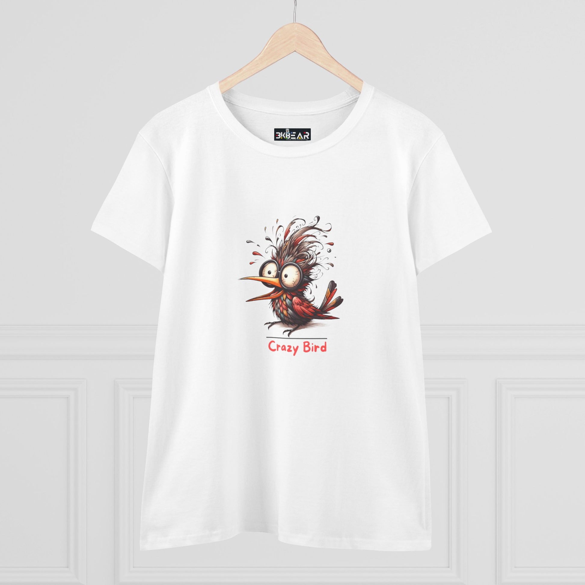 Printify funny bird shirt women white tee with crazy cartoon bird graphic design