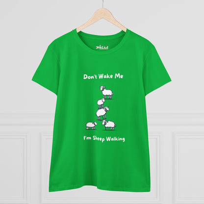 Green funny sheep graphic t-shirt with cartoon sheep stacking and text Dont Wake Me Im Sheep Walking