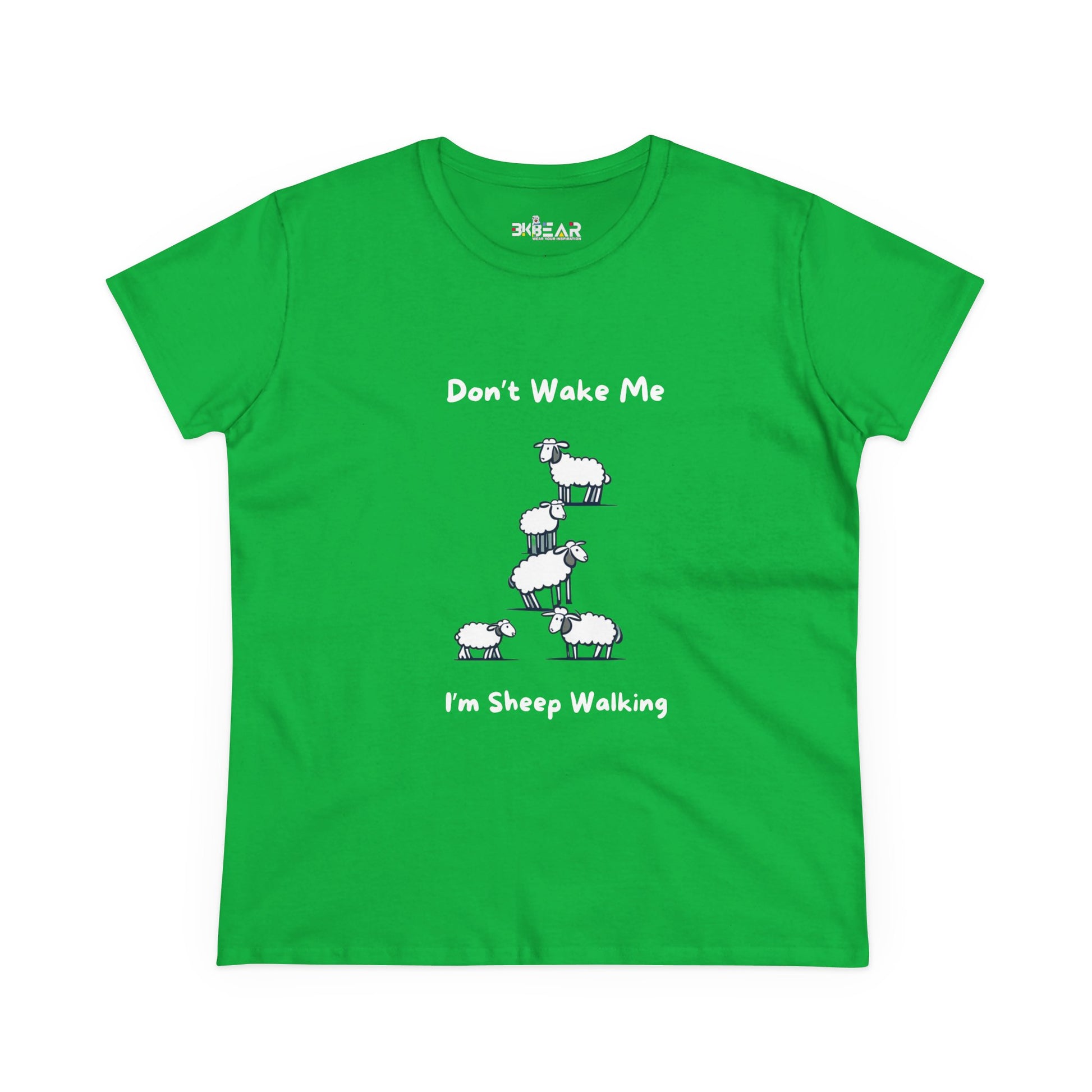 Green funny sheep graphic t-shirt with playful Don't Wake Me I'm Sheep Walking design