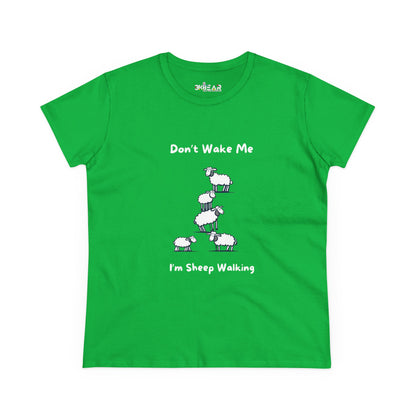 Green funny sheep graphic t-shirt with playful Don't Wake Me I'm Sheep Walking design