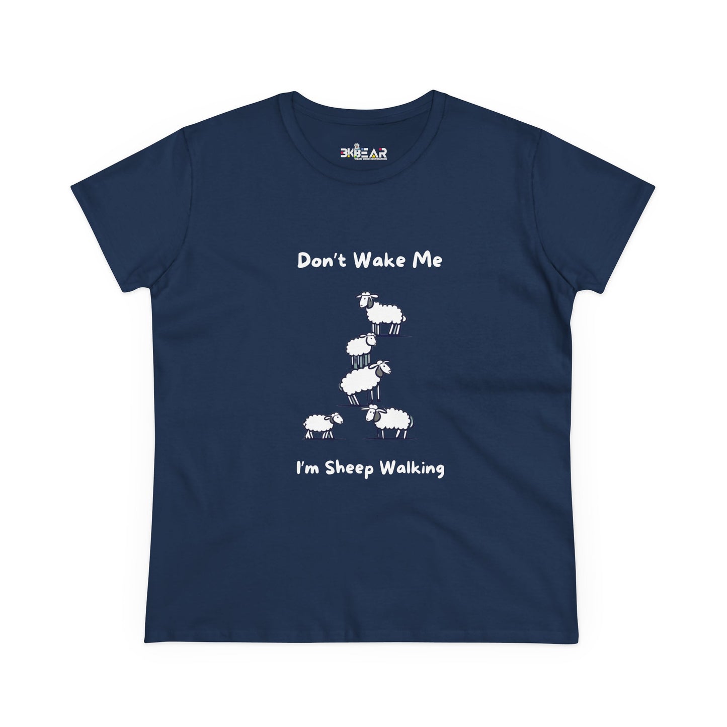 Navy Printify funny sheep graphic t-shirt with white sheep and text design on front