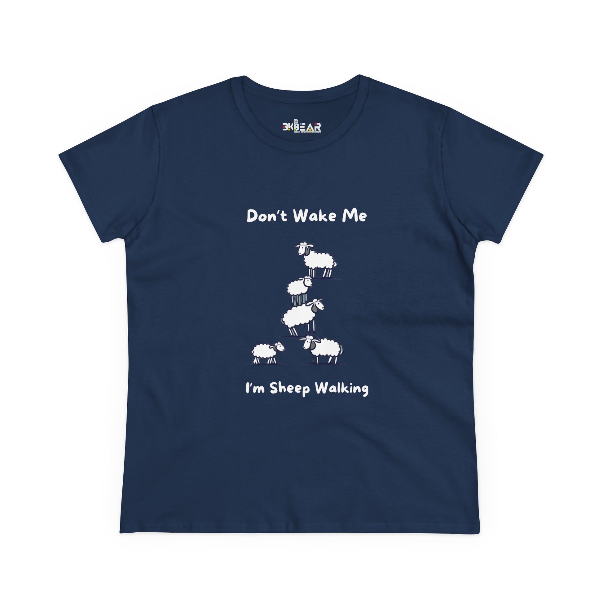 Navy Printify funny sheep graphic t-shirt with white sheep and text design on front