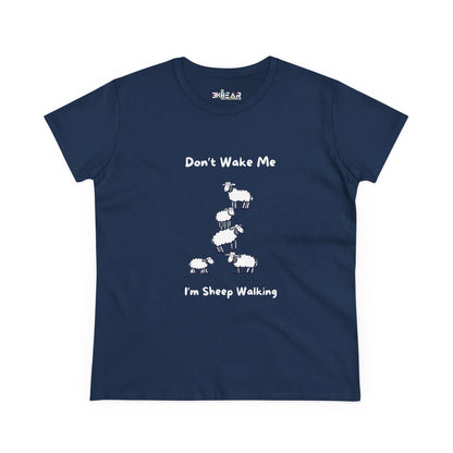 Navy Printify funny sheep graphic t-shirt with white sheep and text design on front