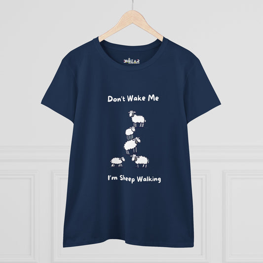 Navy funny sheep graphic t-shirt with white sheep and text Don’t Wake Me I'm Sheep Walking from Printify