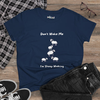 Navy funny sheep graphic t-shirt with Don’t Wake Me I’m Sheep Walking text and sheep design