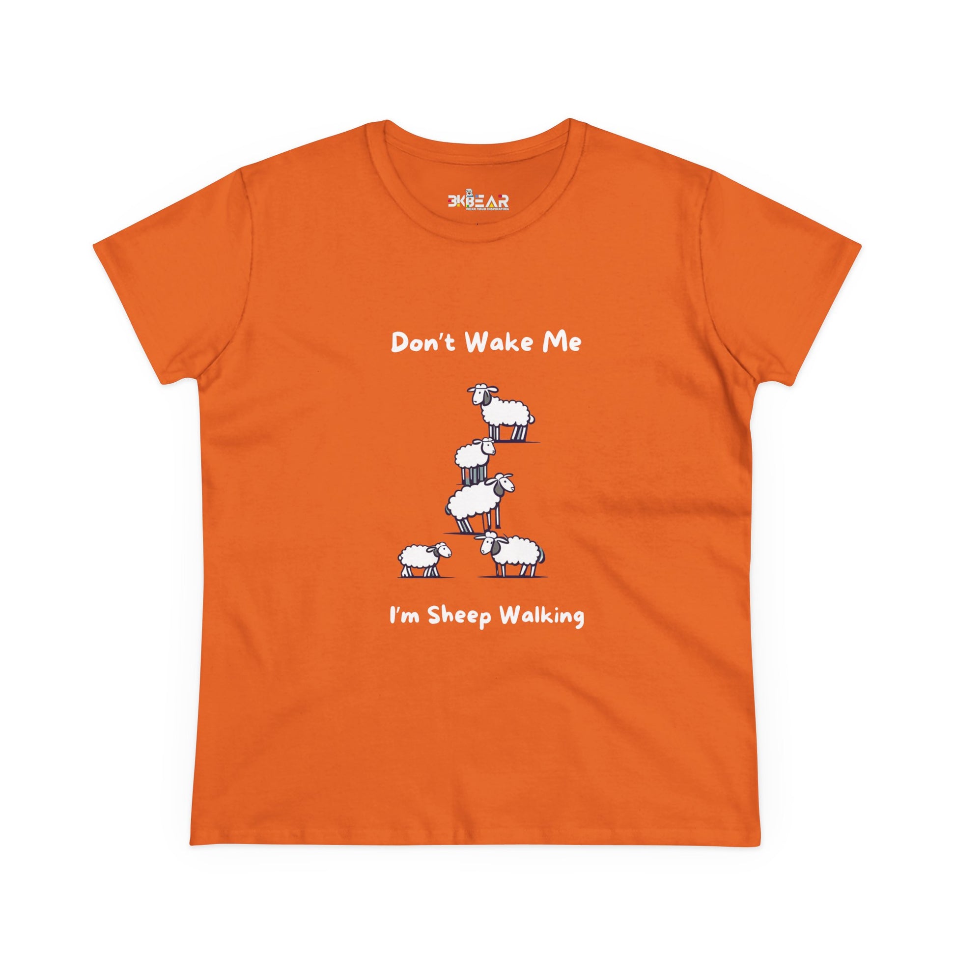 Orange funny sheep graphic t-shirt from Printify with humorous sheep stacking design and text