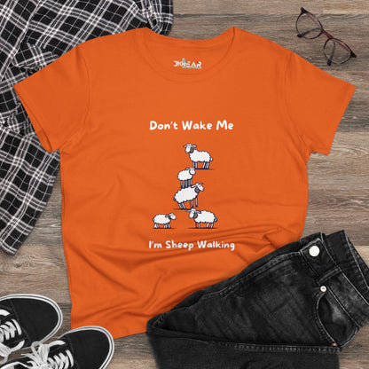 Orange funny sheep graphic t-shirt with playful sheep design and text Dont Wake Me Im Sheep Walking