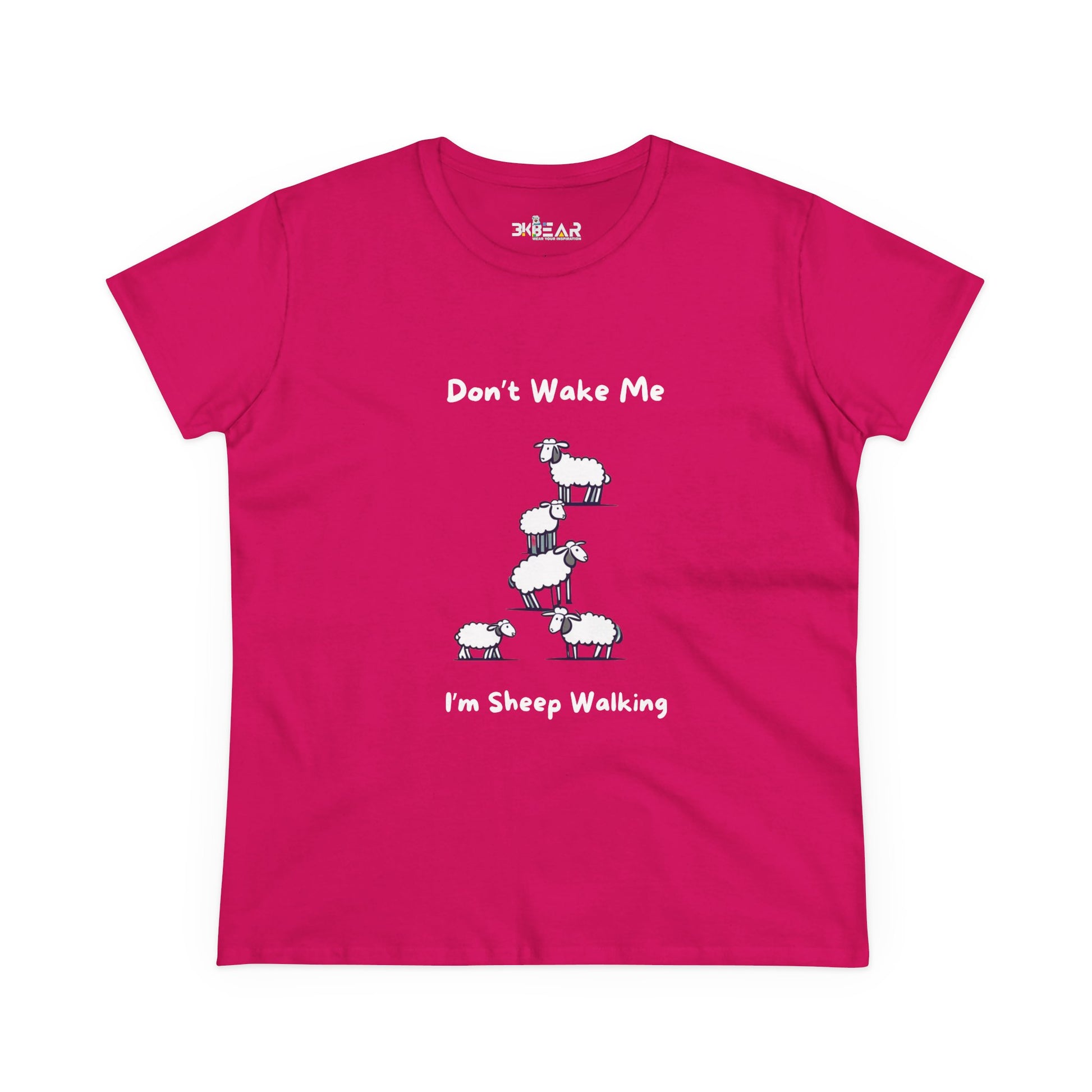 Bright pink funny sheep graphic t-shirt with playful sheep stacking illustration and text