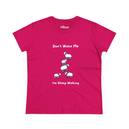 Bright pink funny sheep graphic t-shirt with playful sheep stacking illustration and text