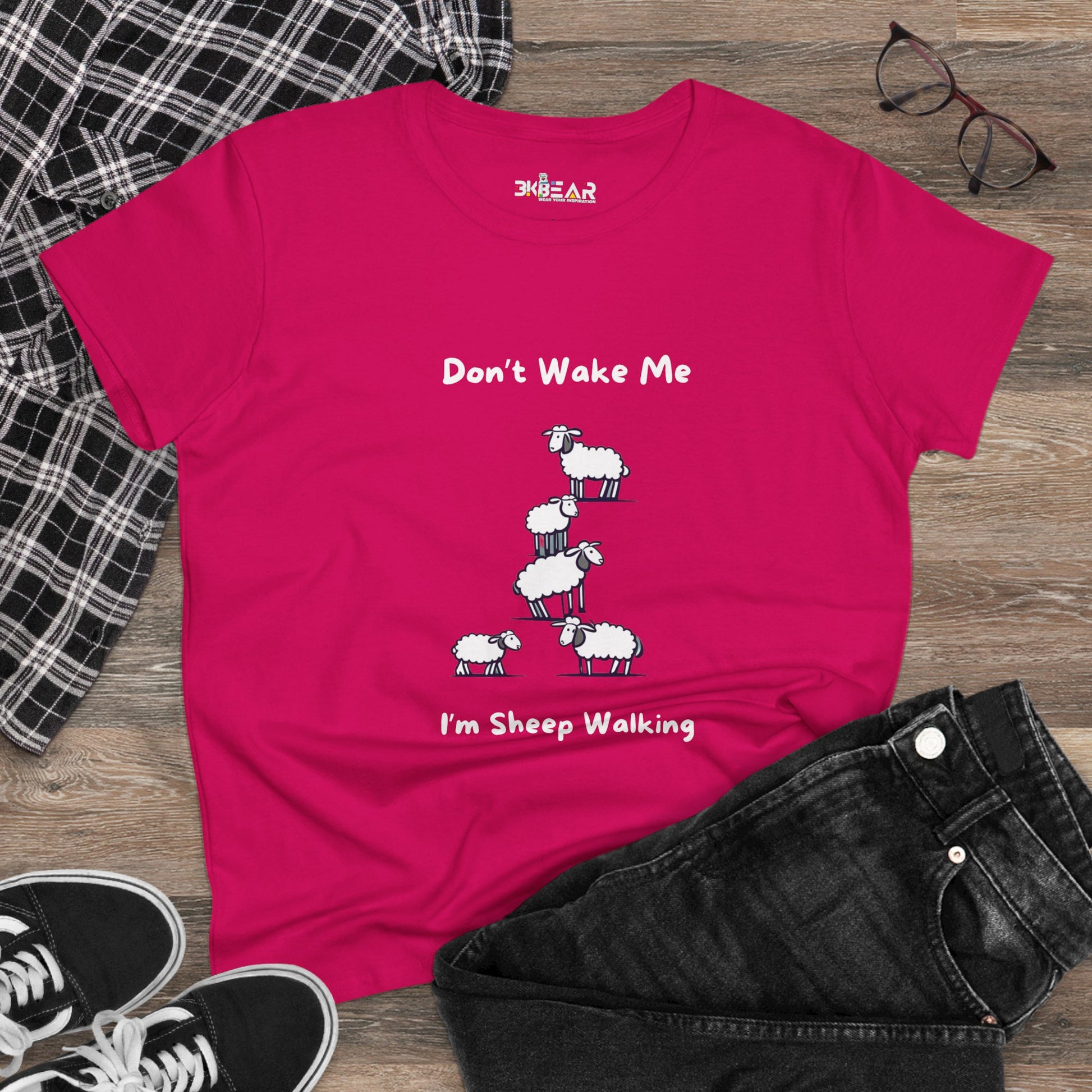Printify funny sheep graphic t-shirt in red with humorous sheep design and text laid flat with casual clothing