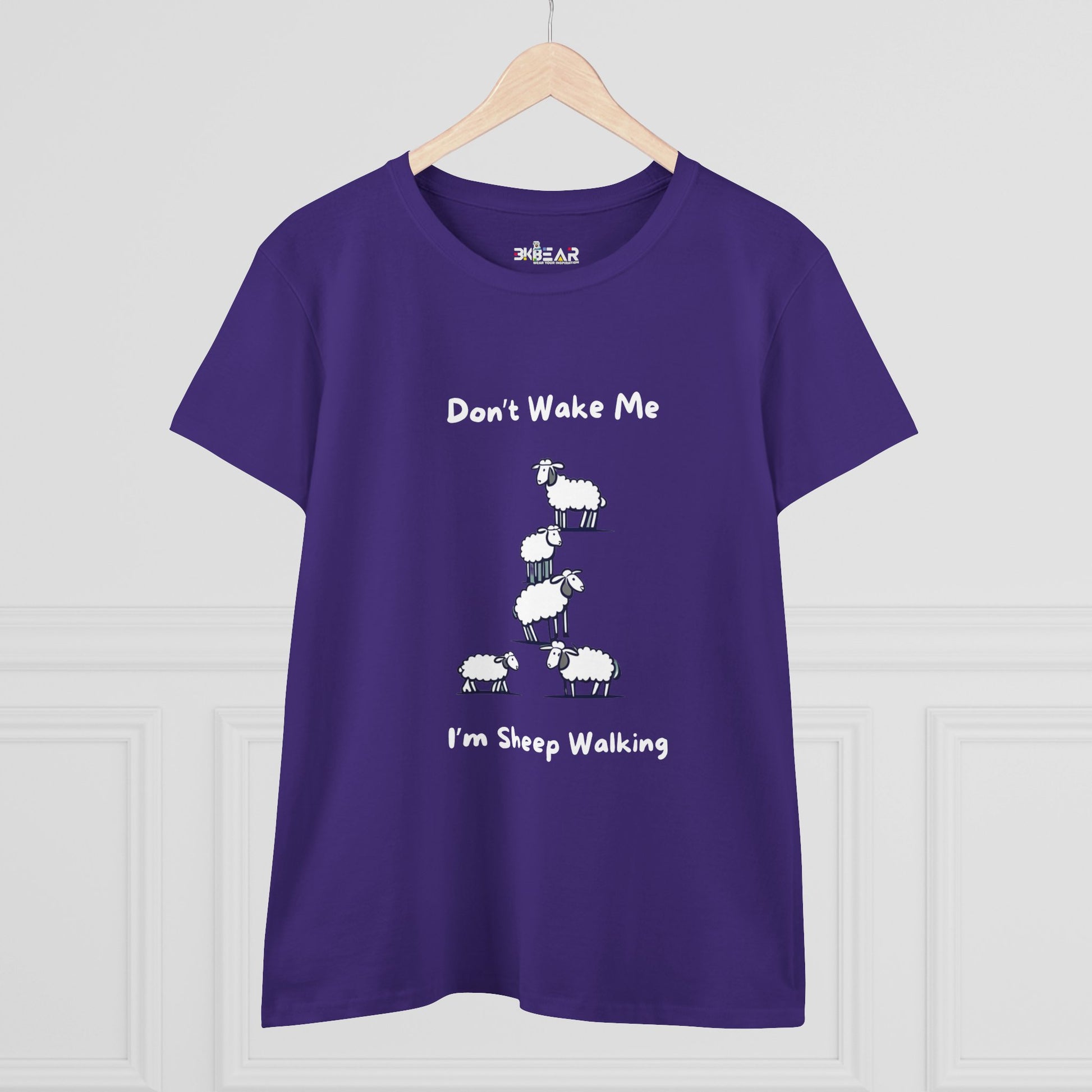 Purple Printify funny sheep graphic t-shirt with cartoon sheep and text Dont Wake Me Im Sheep Walking