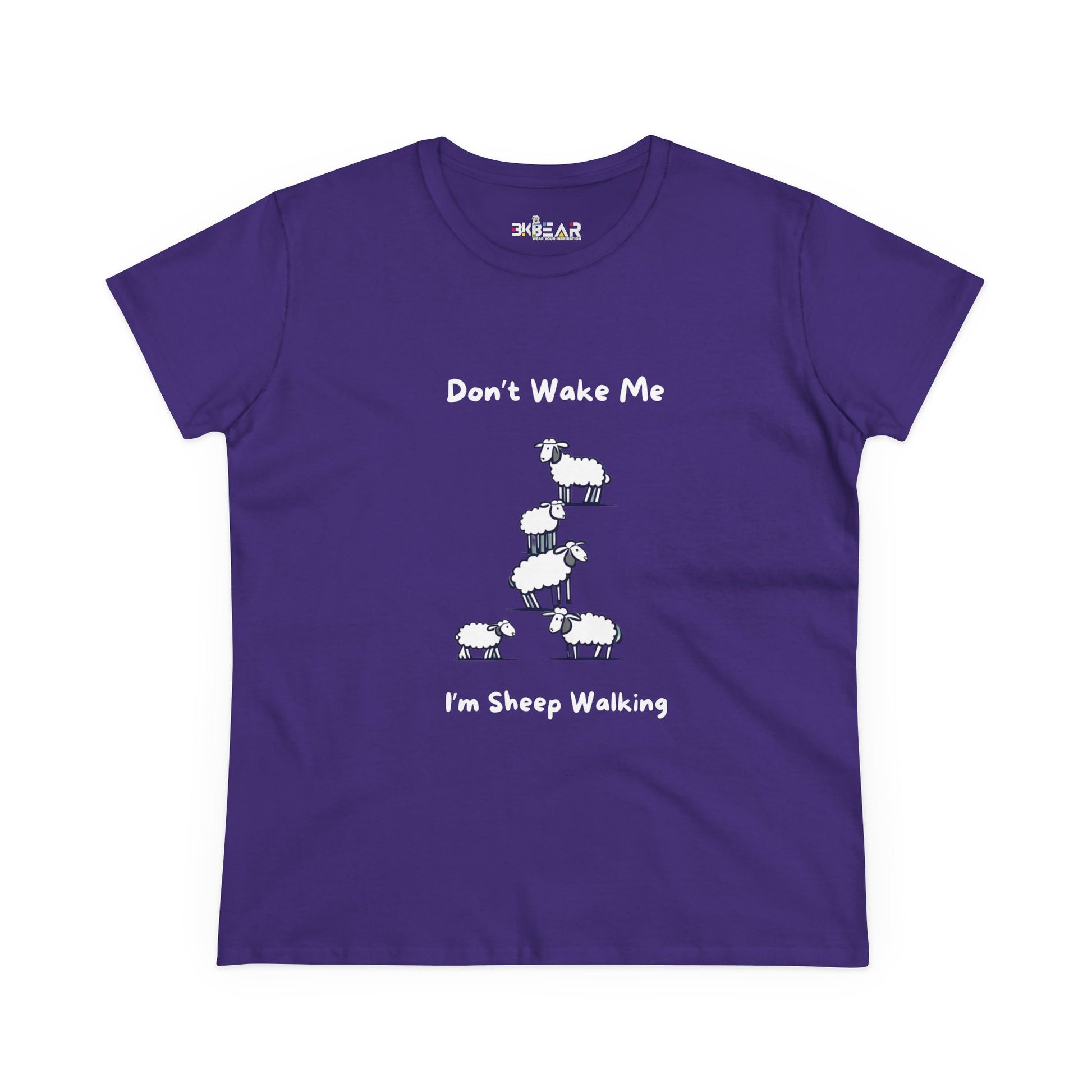 Purple funny sheep graphic t-shirt with playful sheep design and text saying Don't Wake Me I'm Sheep Walking