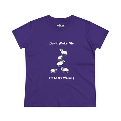 Purple funny sheep graphic t-shirt with playful sheep design and text saying Don't Wake Me I'm Sheep Walking