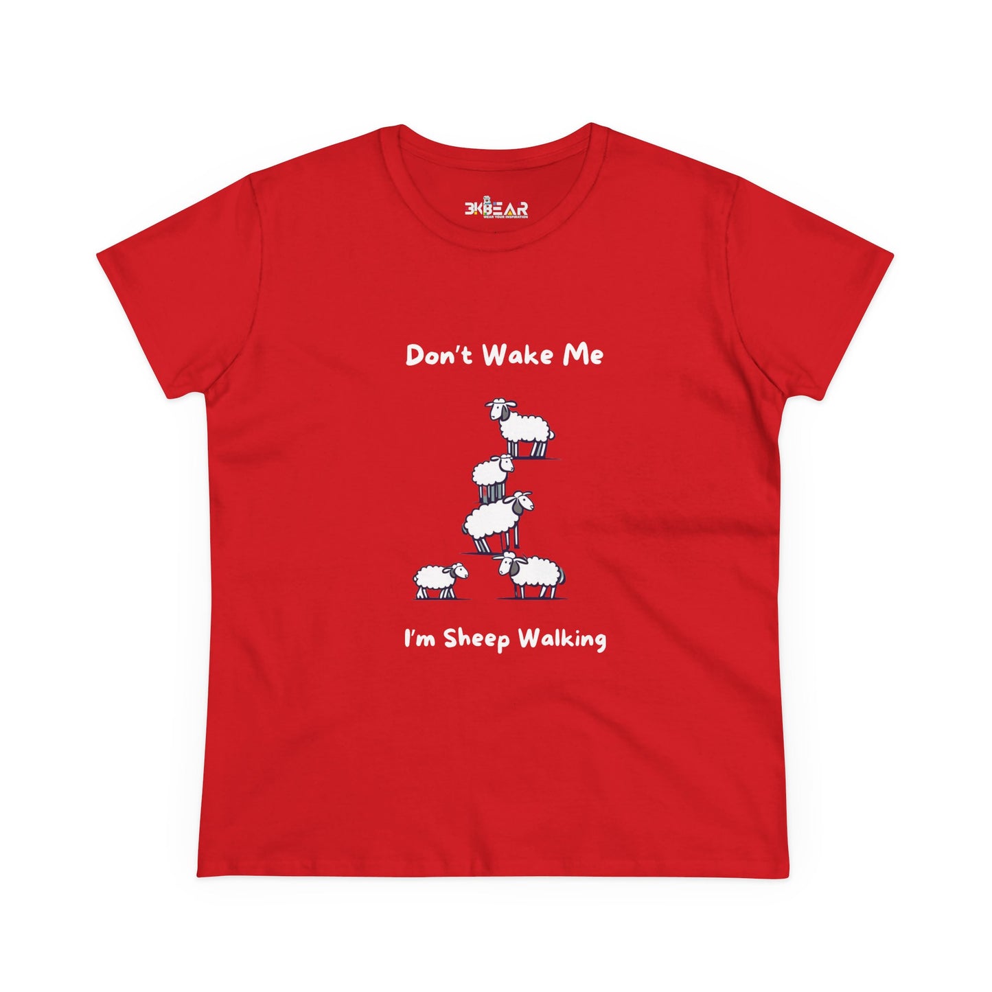 Red funny sheep graphic t-shirt with cartoon sheep and text Dont Wake Me Im Sheep Walking
