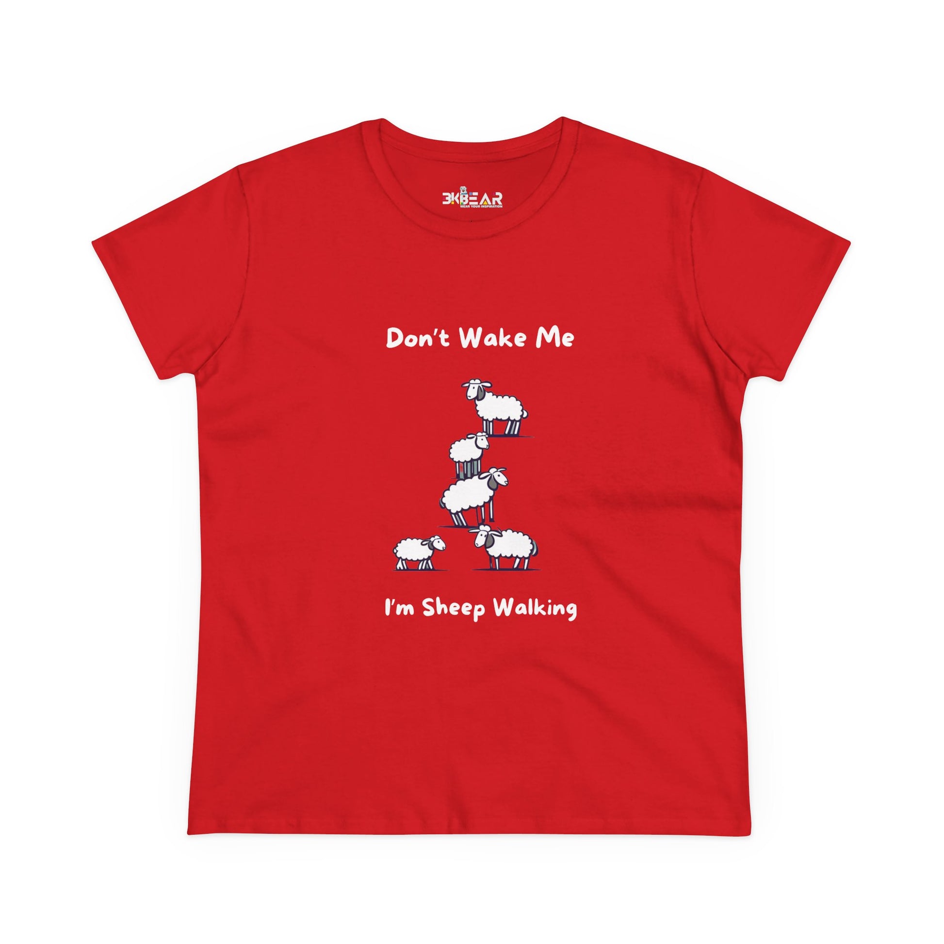 Red funny sheep graphic t-shirt with cartoon sheep and text Dont Wake Me Im Sheep Walking