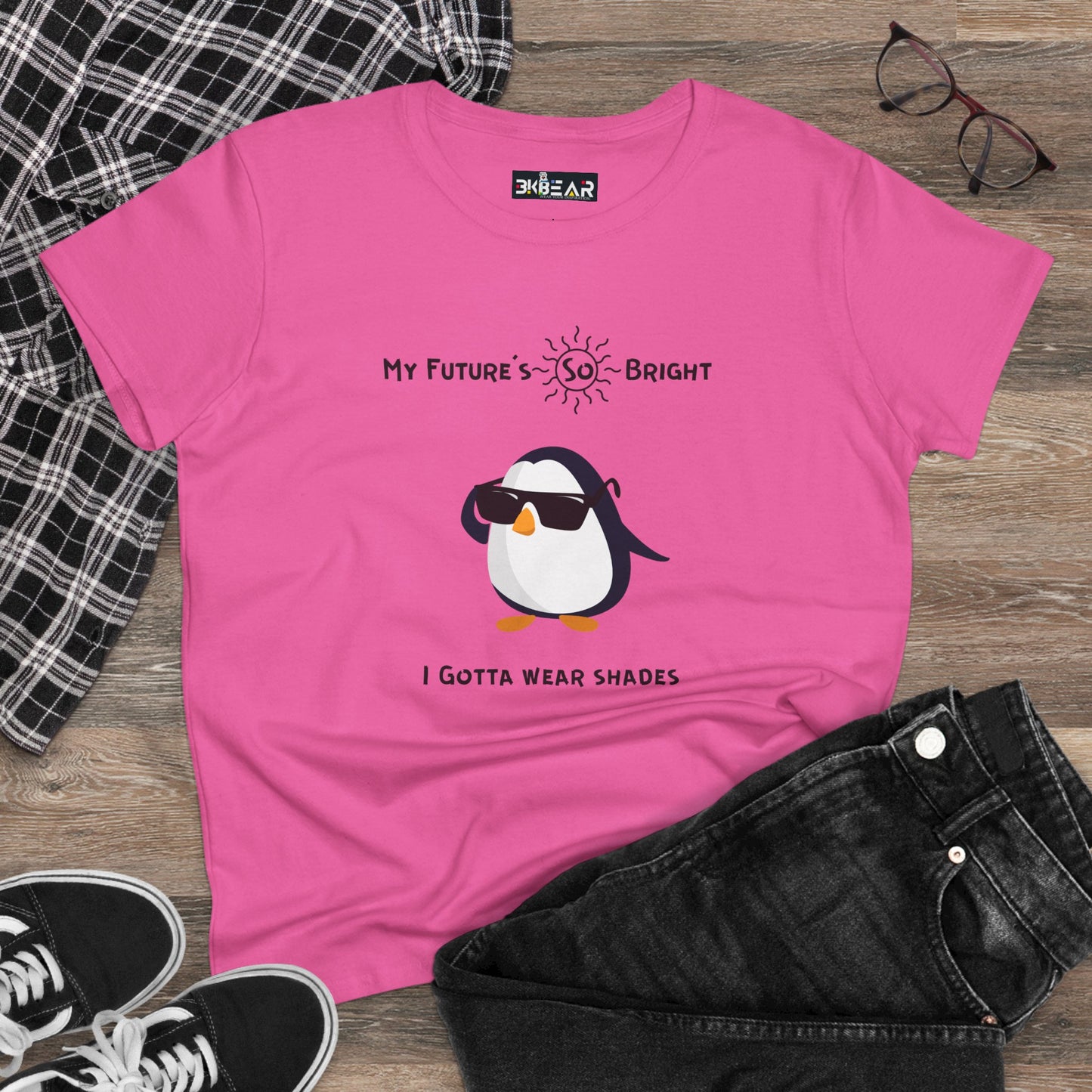 Future is bright t-shirt for women in pink with a cool penguin wearing sunglasses graphic