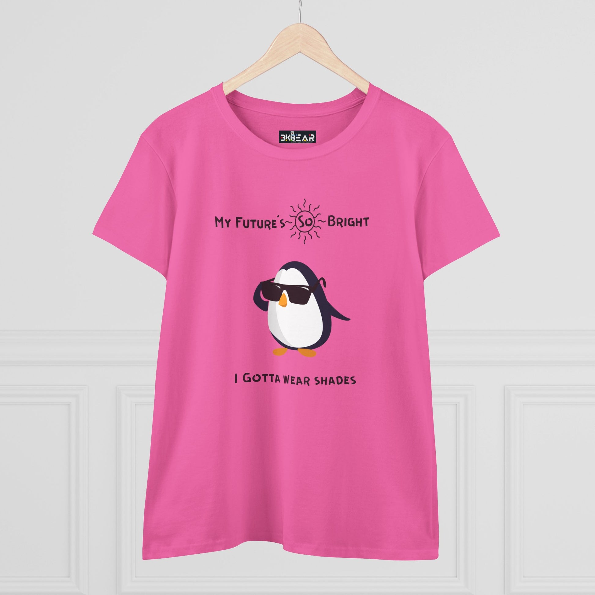 Pink future is bright t-shirt for women featuring a penguin wearing sunglasses graphic
