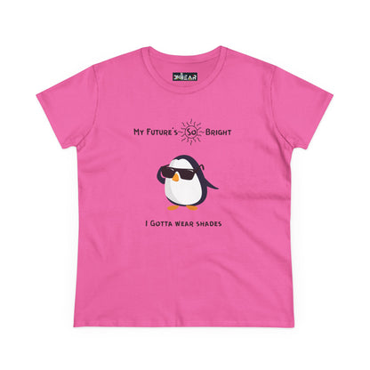 Pink future is bright t-shirt for women with sunglasses-wearing penguin graphic and positive text