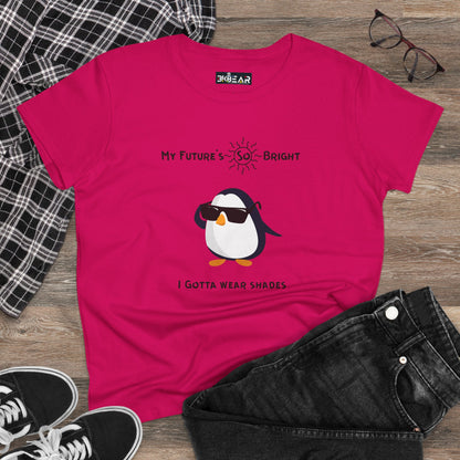 Future is bright t-shirt for women with a pink color and a cute penguin wearing sunglasses design