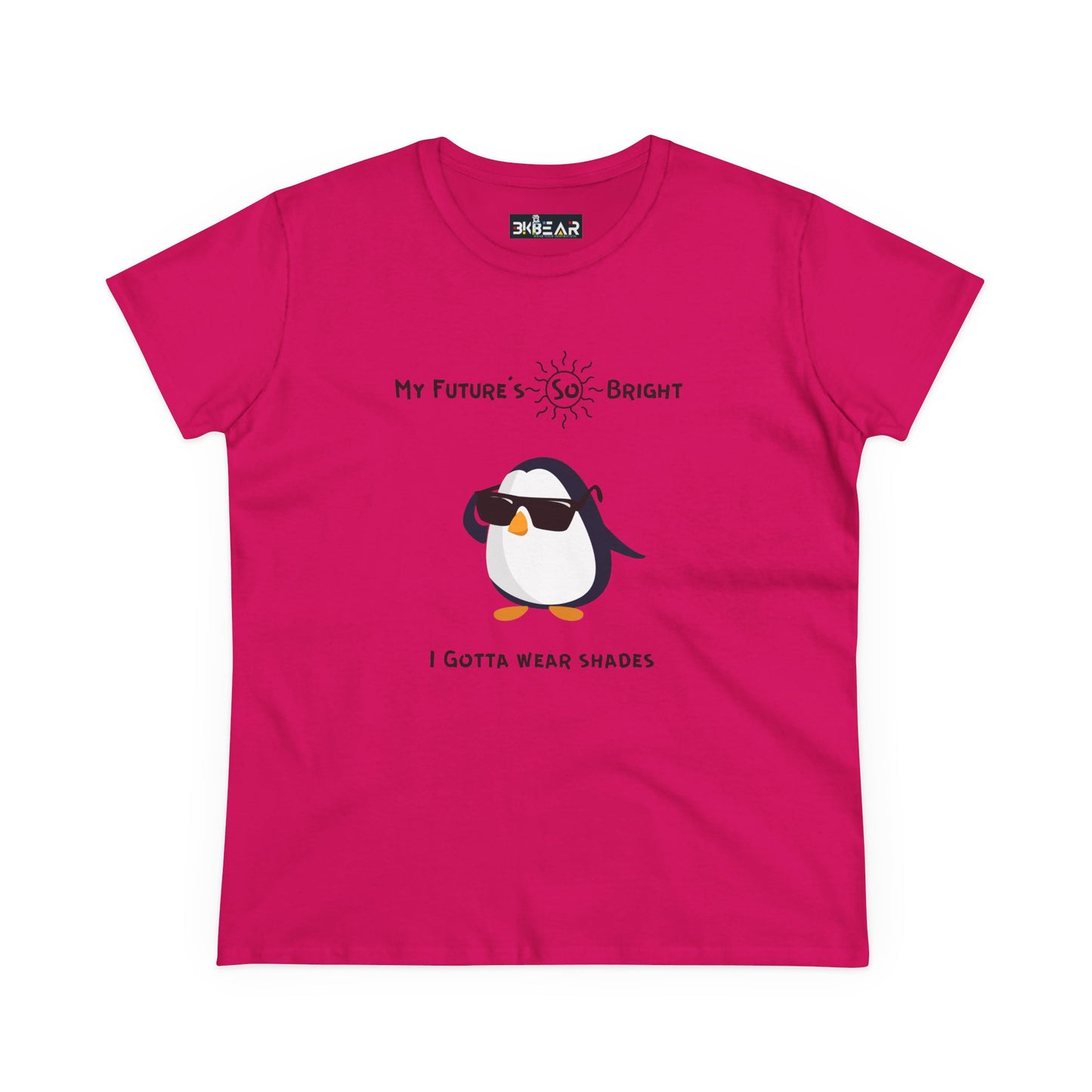 Pink future is bright t-shirt for women with a penguin wearing sunglasses graphic