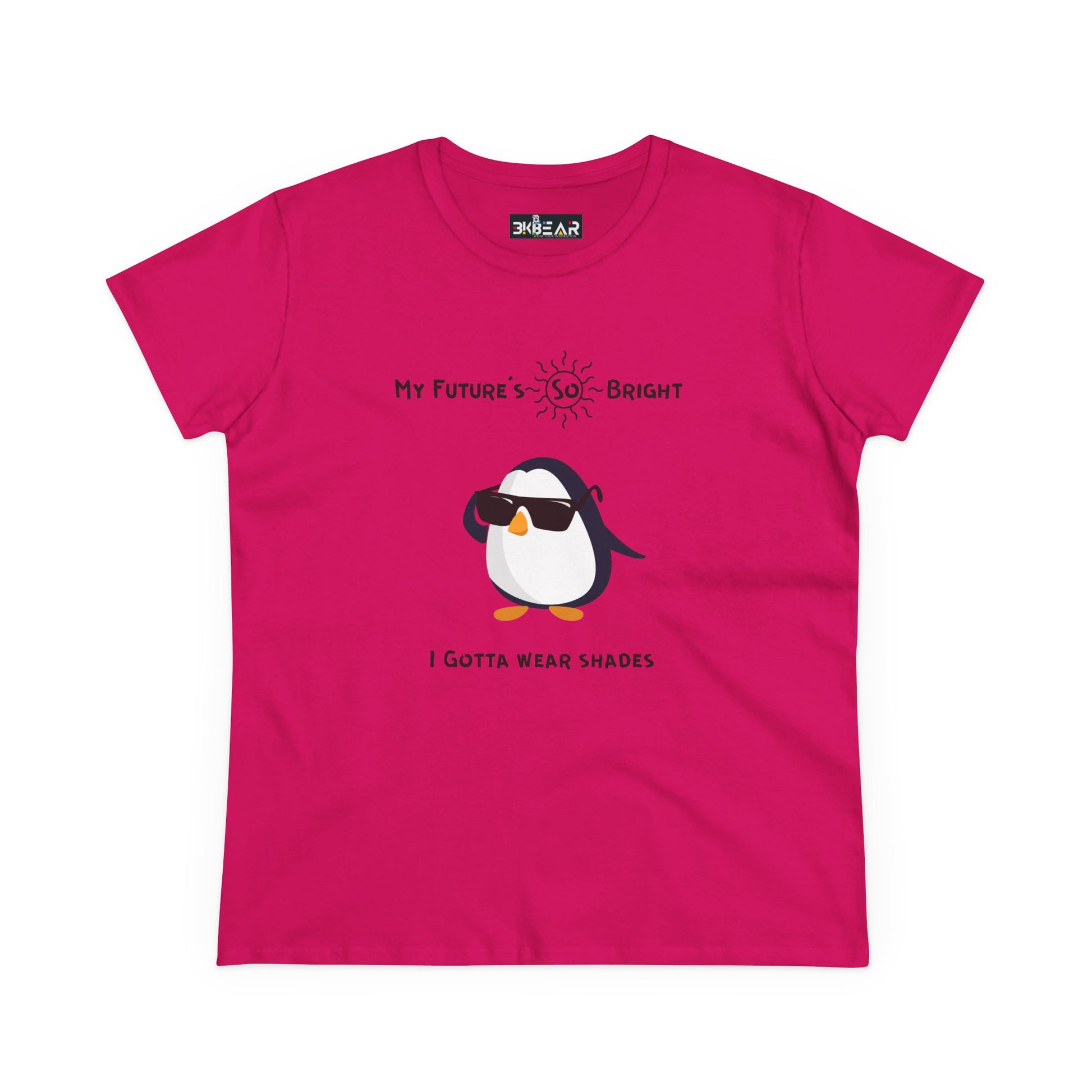Pink future is bright t-shirt for women with a penguin wearing sunglasses graphic