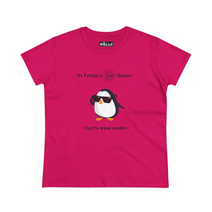 Pink future is bright t-shirt for women with a penguin wearing sunglasses graphic