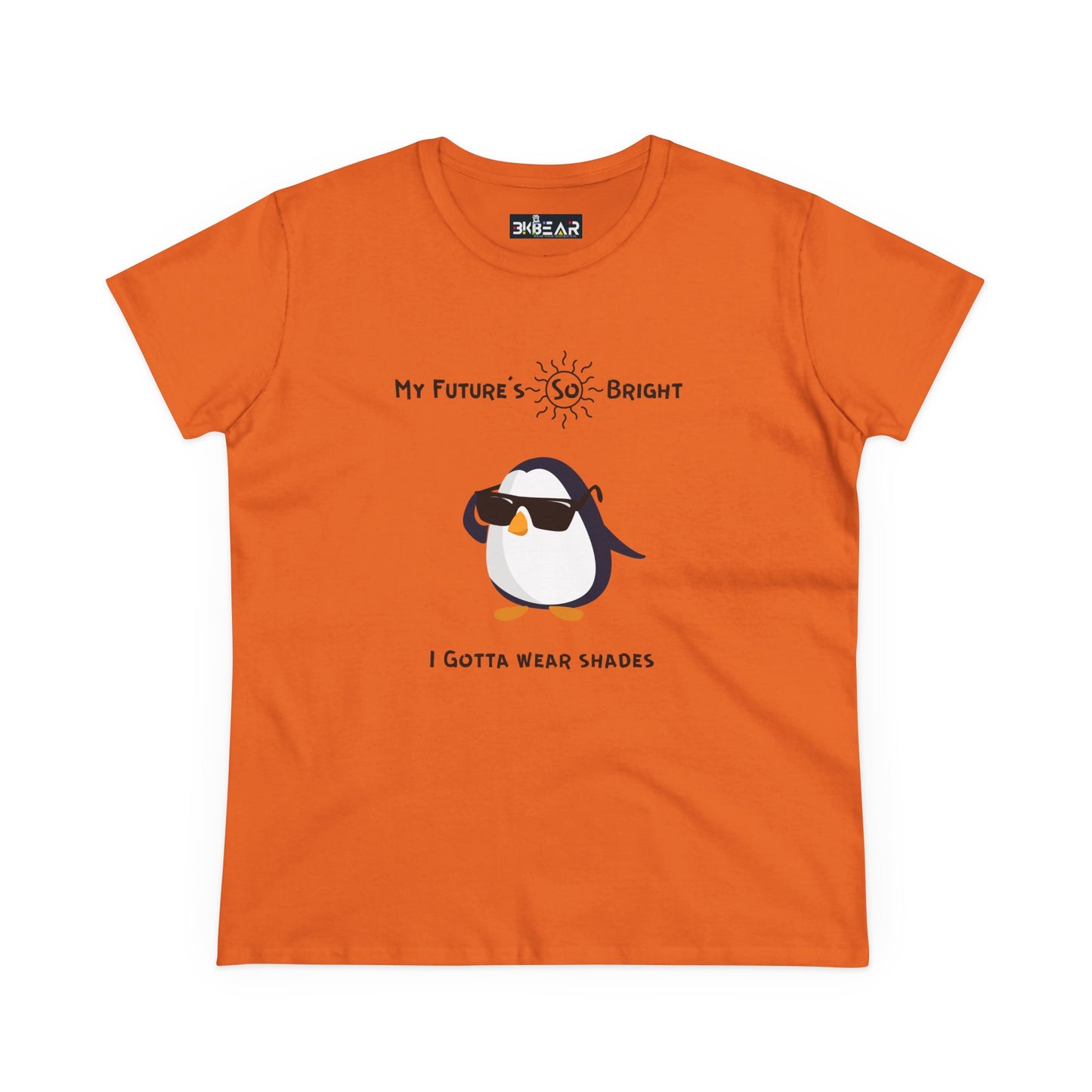 Orange Printify future is bright t-shirt for women with cute penguin wearing sunglasses graphic