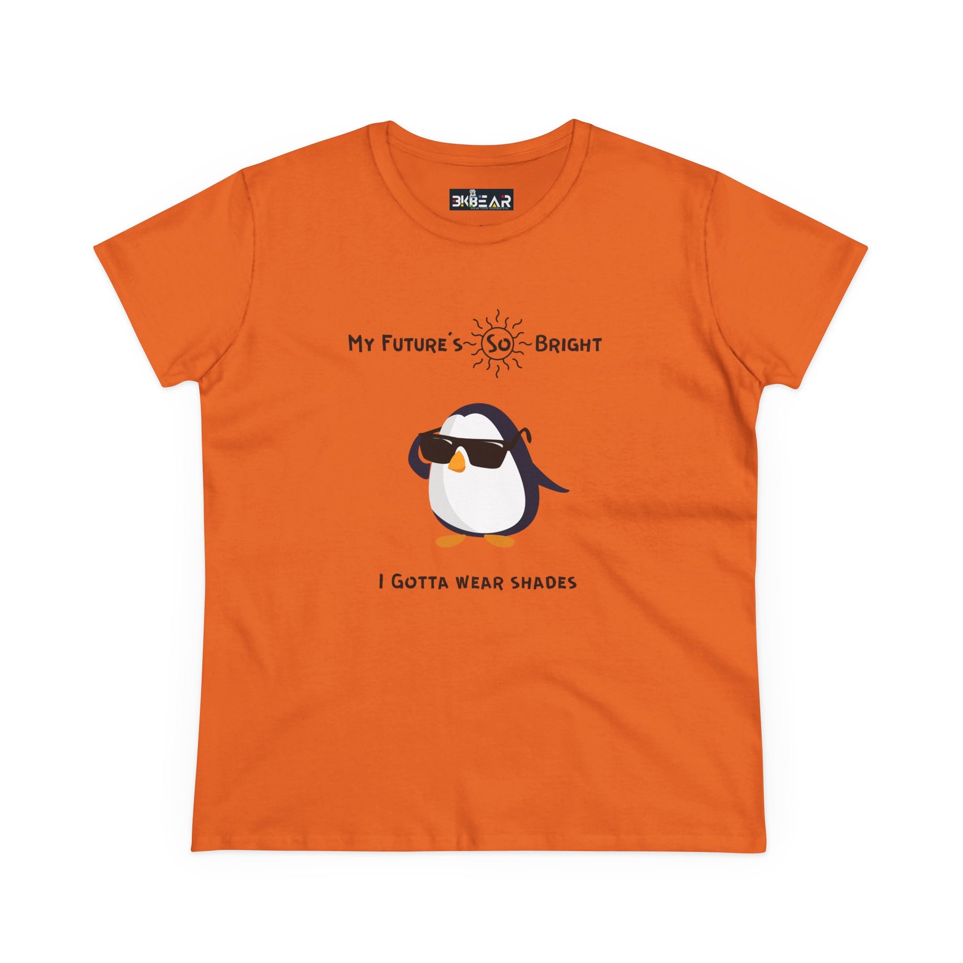 Orange Printify future is bright t-shirt for women with cute penguin wearing sunglasses graphic