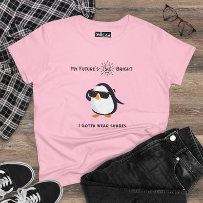 Pink future is bright t-shirt for women with sunglasses-wearing penguin graphic and motivational text