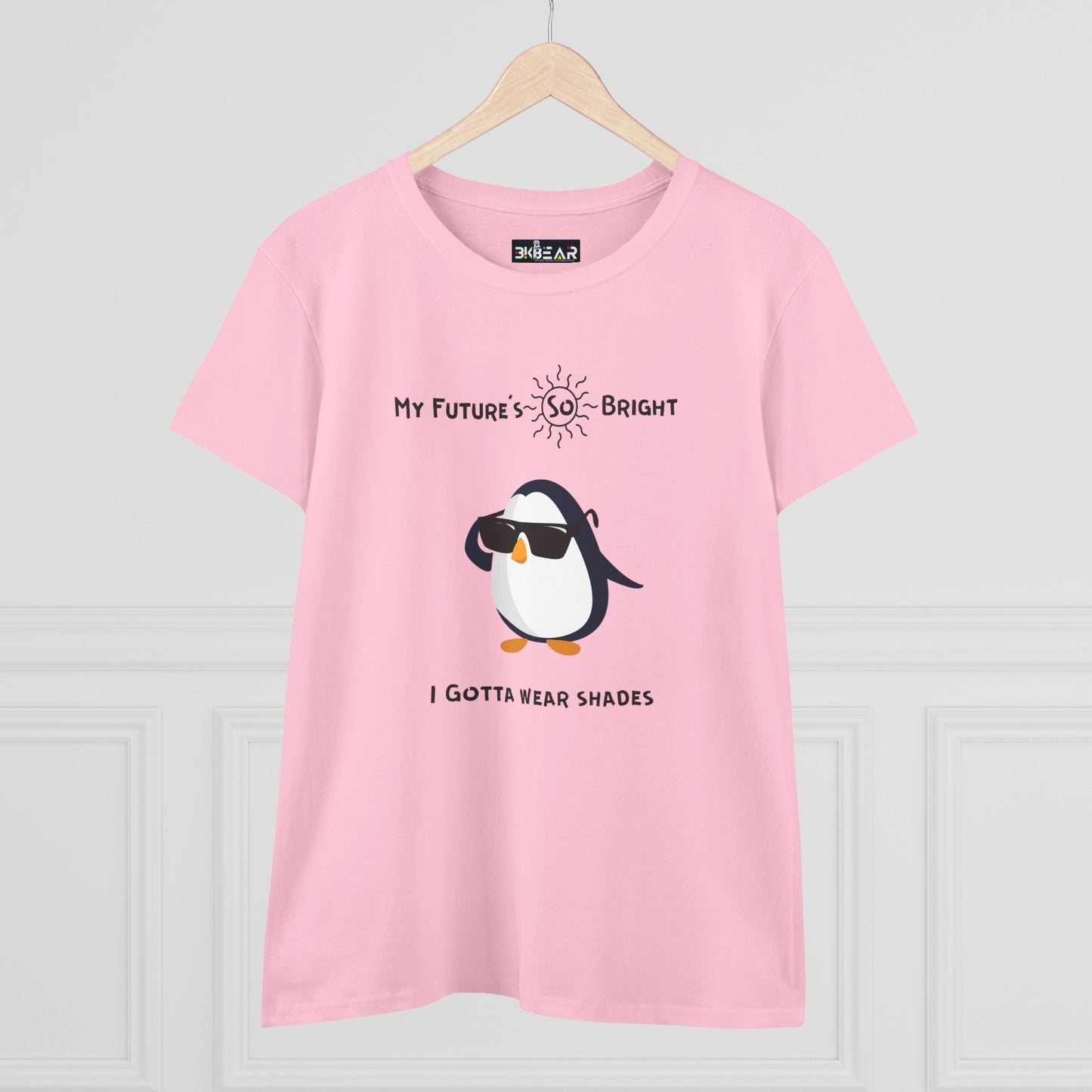 Pink future is bright t-shirt for women with a penguin wearing sunglasses graphic and text