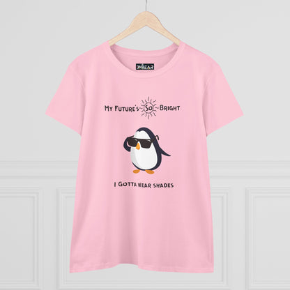 Pink future is bright t-shirt for women with a penguin wearing sunglasses graphic and text