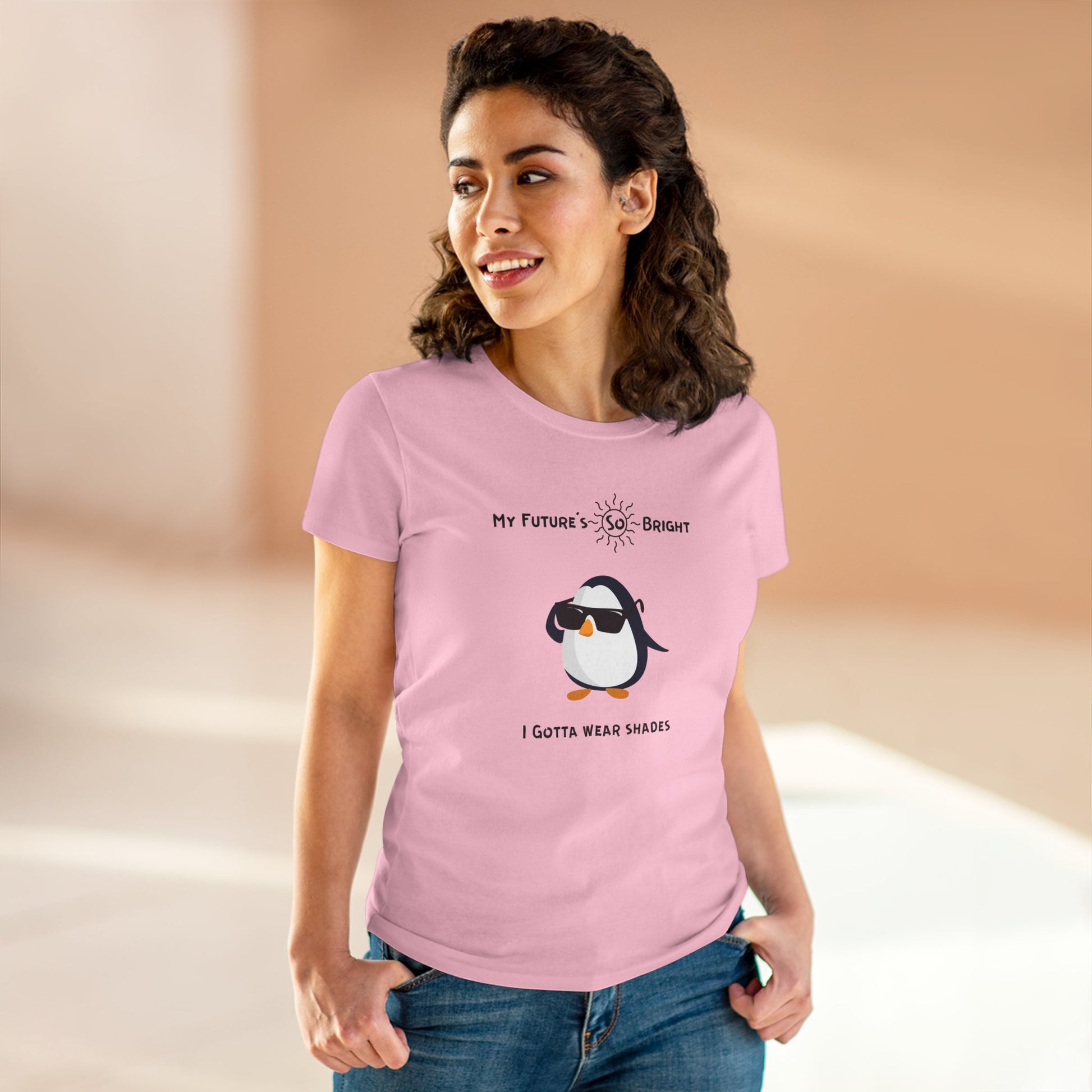 Printify future is bright t-shirt for women in pink with cartoon penguin wearing sunglasses