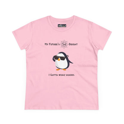 Pink future is bright t-shirt for women with cute penguin wearing sunglasses graphic