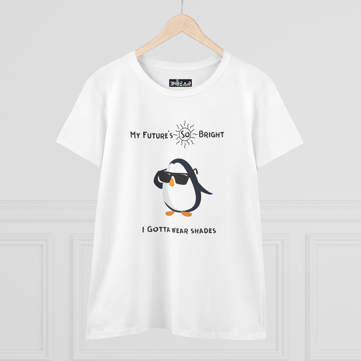 White Printify t-shirt with cute penguin and my future is so bright text future is bright t-shirt for women