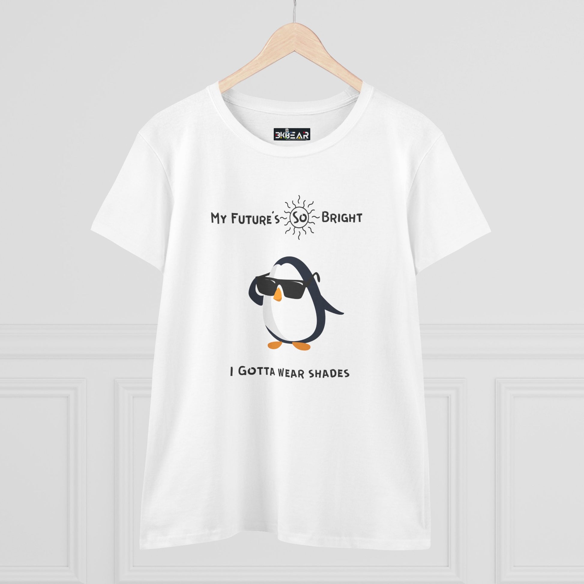 White Printify t-shirt with cute penguin and my future is so bright text future is bright t-shirt for women