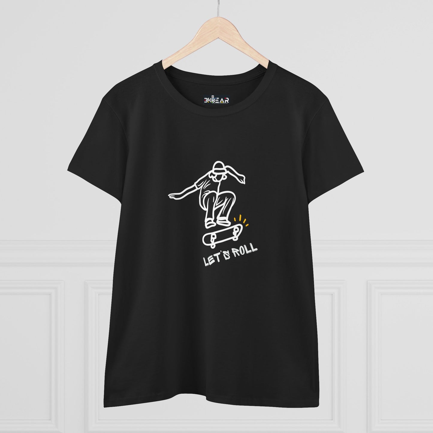 Black Printify Let’s Roll shirt with skateboarder graphic in white and yellow accents