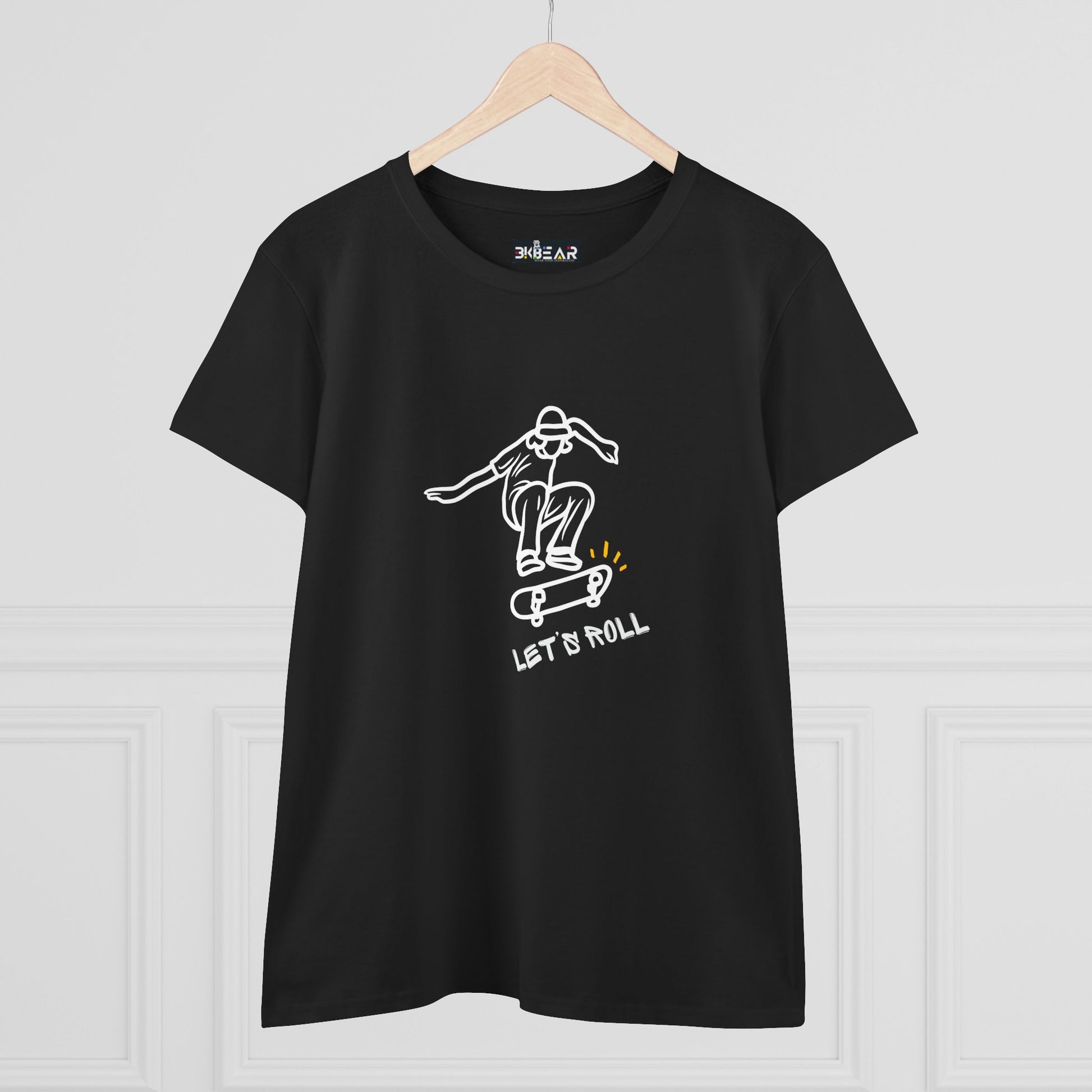Black Printify Let’s Roll shirt with skateboarder graphic in white and yellow accents