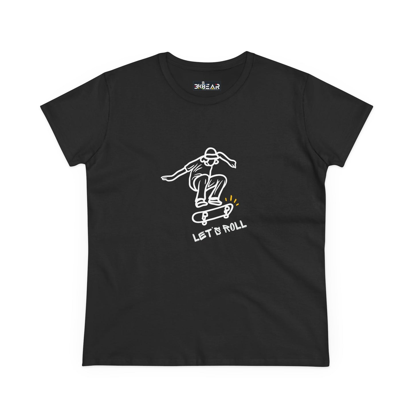 Black Let’s Roll shirt with white skateboarder graphic and yellow detail from Printify