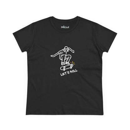 Black Let’s Roll shirt with white skateboarder graphic and yellow detail from Printify