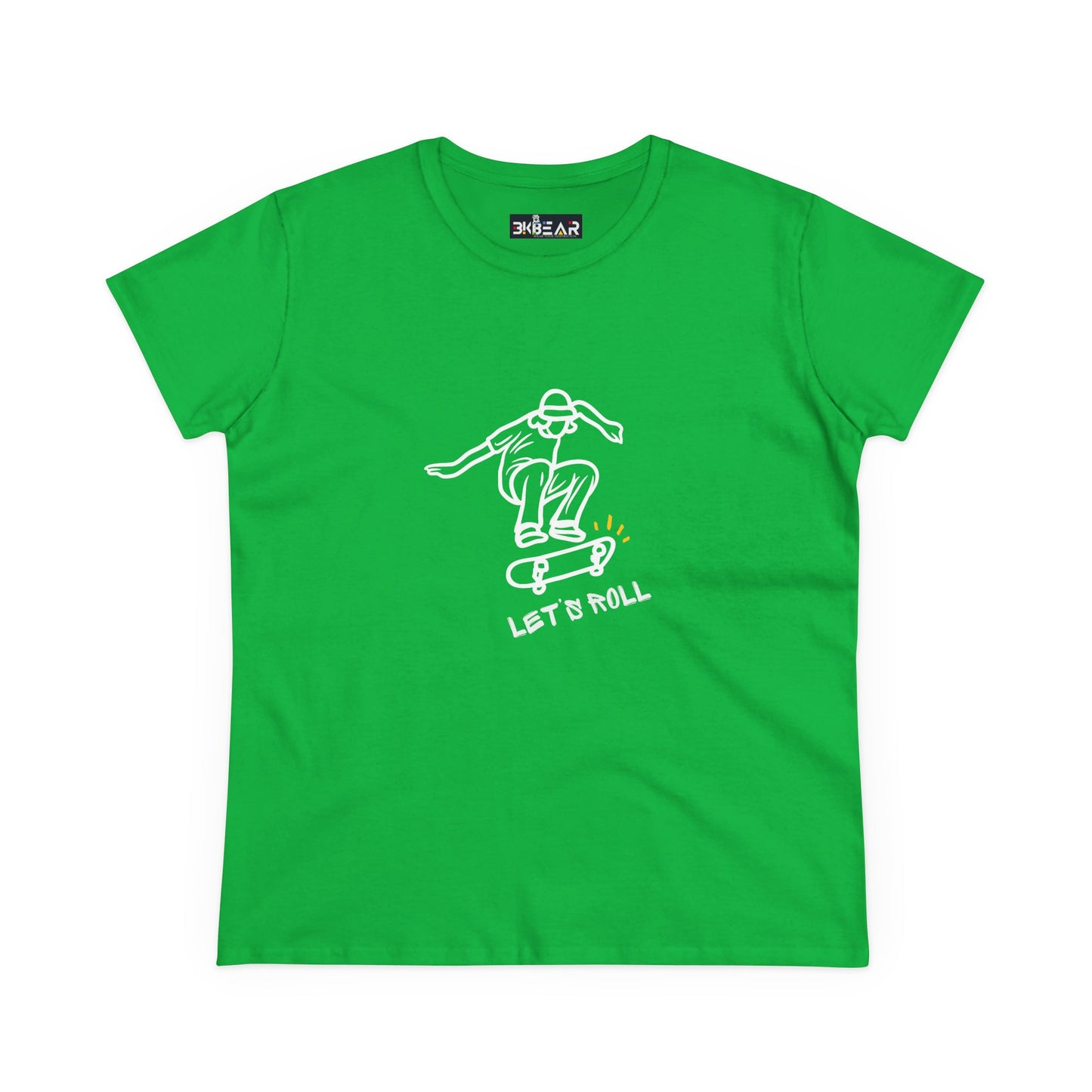 Green Printify Let’s Roll shirt with white skateboarder graphic and text on front