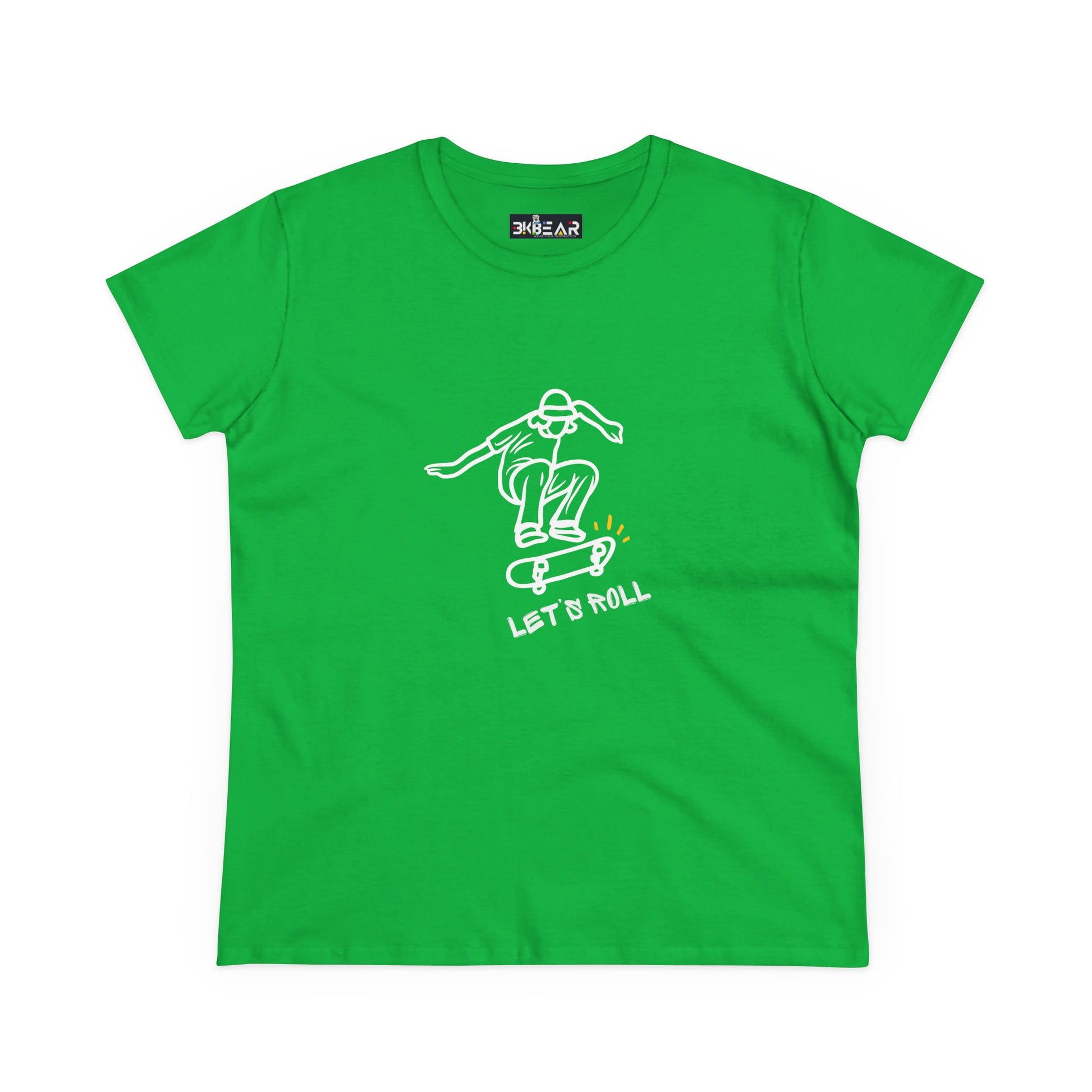 Green Printify Let’s Roll shirt with white skateboarder graphic and text on front