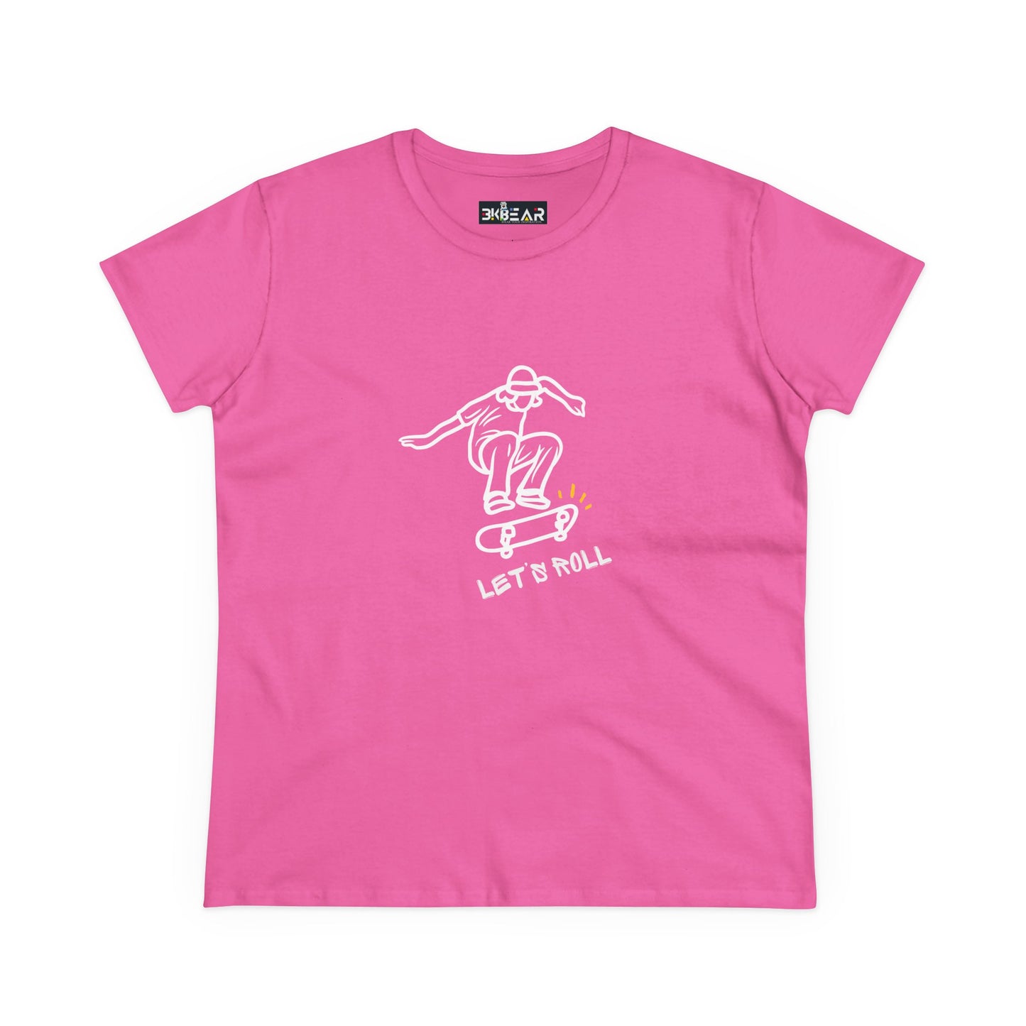 Pink Printify T-Shirt with white skateboarding graphic and Let’s Roll shirt text