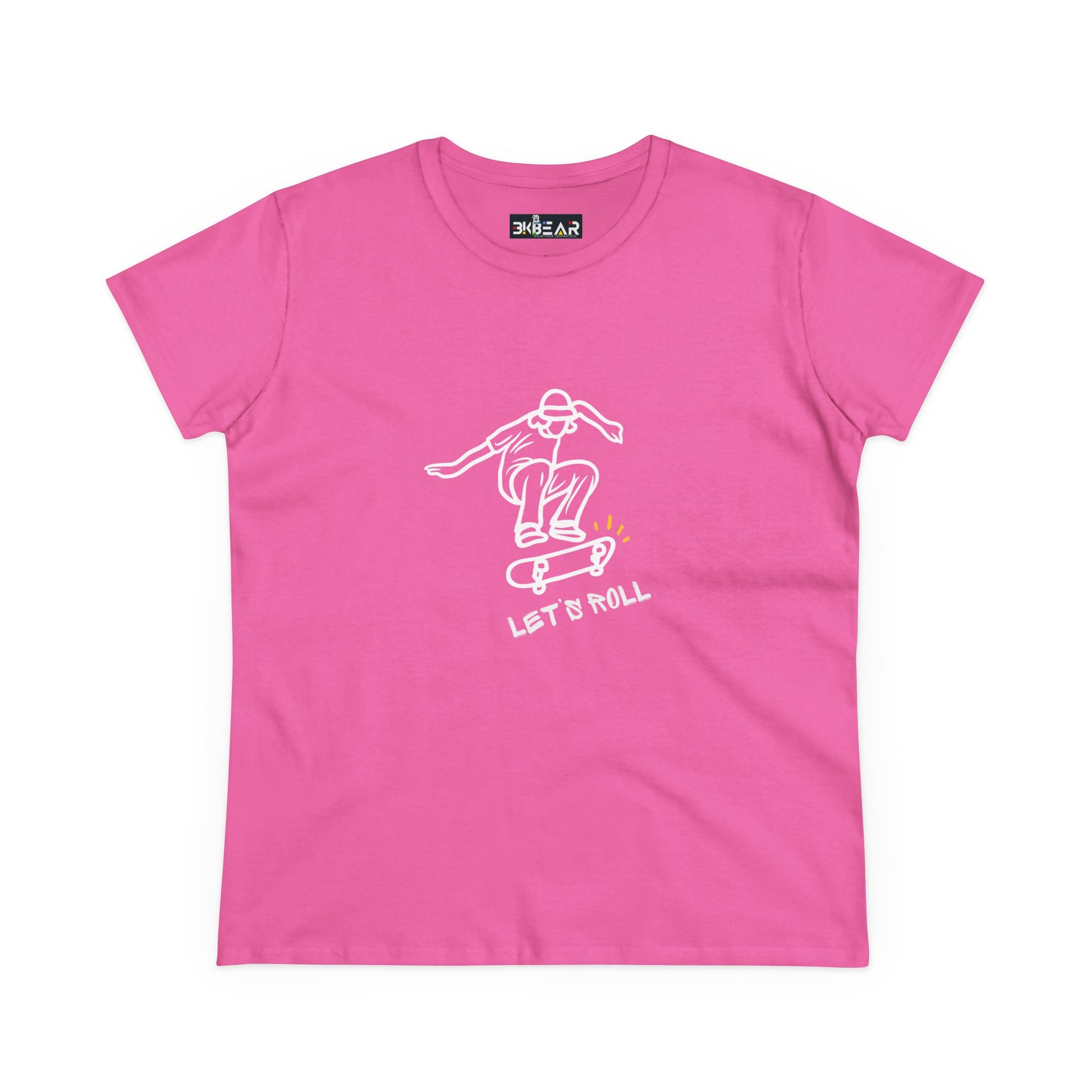 Pink Printify T-Shirt with white skateboarding graphic and Let’s Roll shirt text