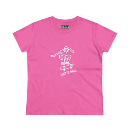 Pink Printify T-Shirt with white skateboarding graphic and Let’s Roll shirt text