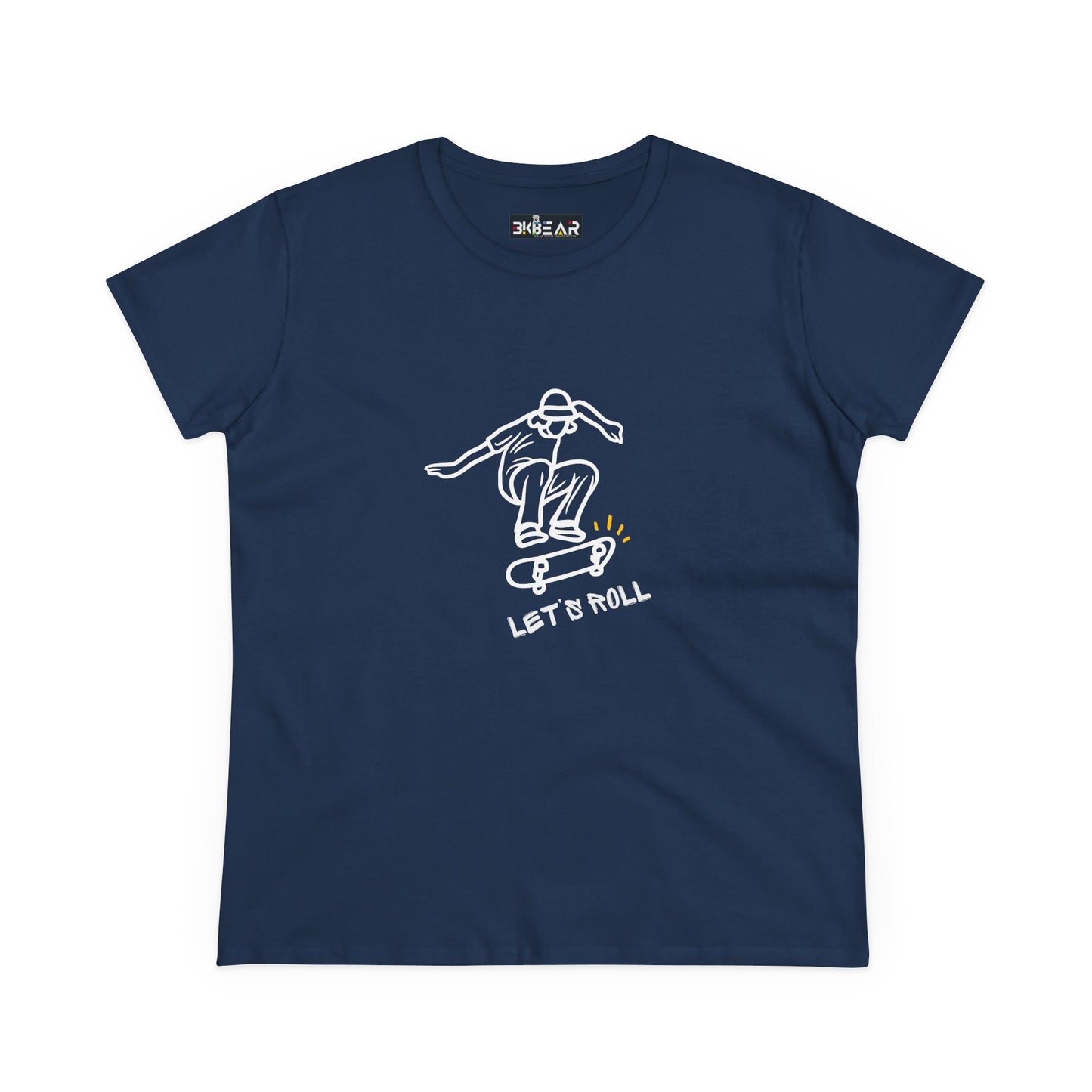 Navy blue Let’s Roll shirt featuring a white outline of a skateboarder performing a trick
