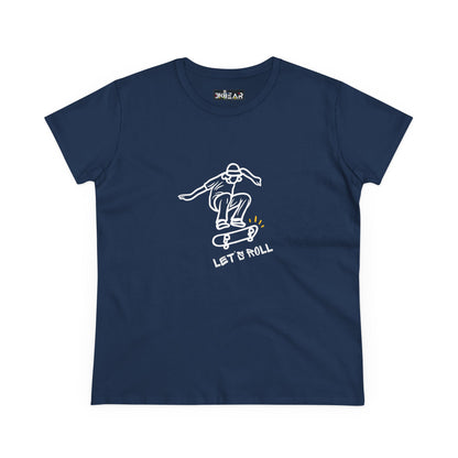 Navy blue Let’s Roll shirt featuring a white outline of a skateboarder performing a trick