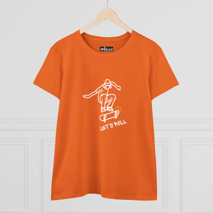 Orange Printify T-shirt with white skateboarder graphic and Let’s Roll shirt text